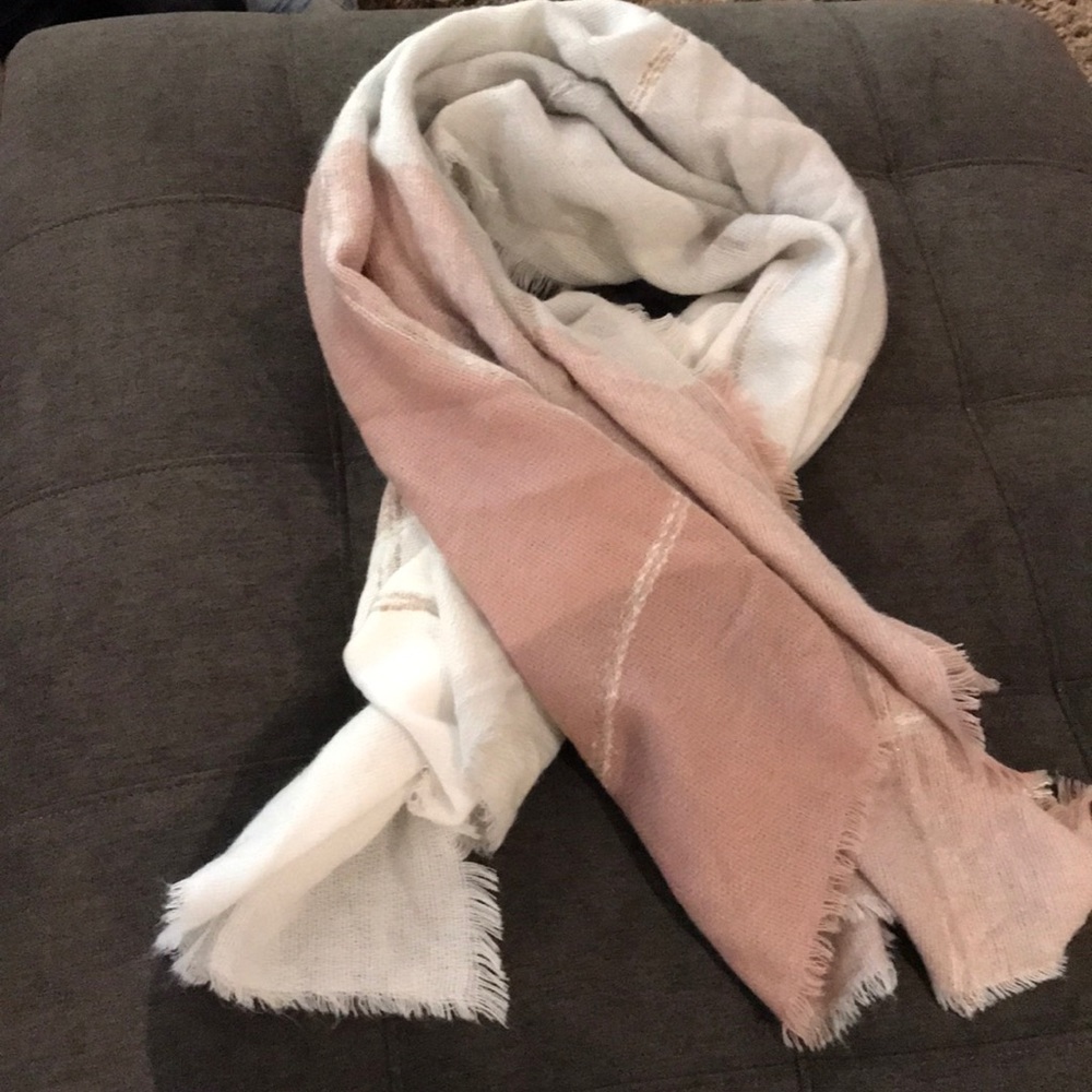 Oversized pink/gray/white plaid blanket scarf.